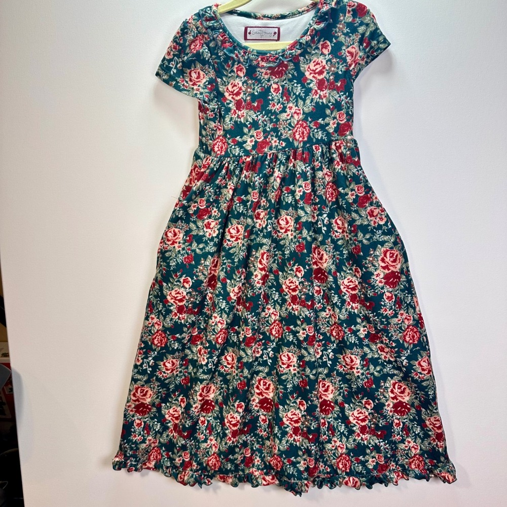 SweetHoney Girls Teal Red Floral Ruffle Short Sleeve Pajama Nightgown Dress 3T